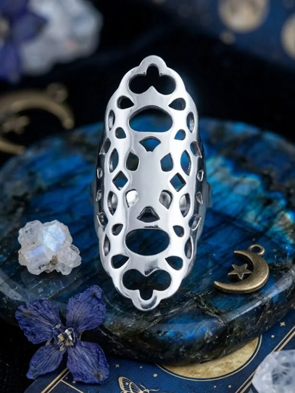 Silver Filigree Armor Ring Openwork Gothic Whimsigoth Statement 316L Steel Sz 8